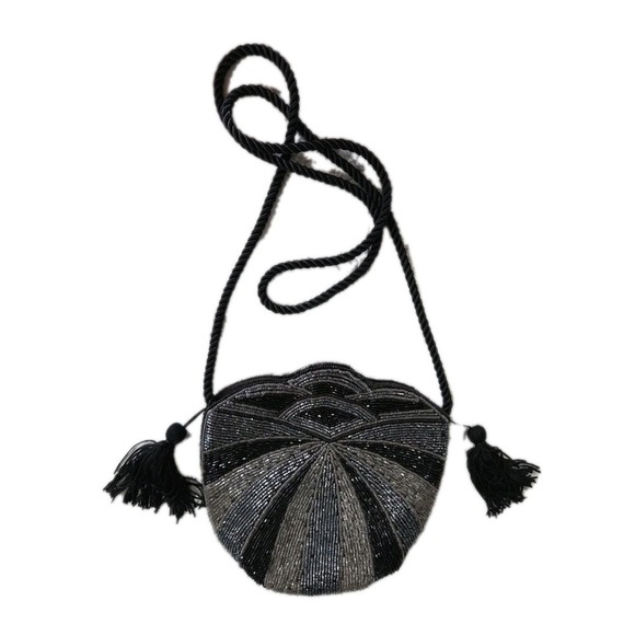Art Deco Black Silver Beaded Purse Evening Crossbody Bag Purse - Picture 1 of 5